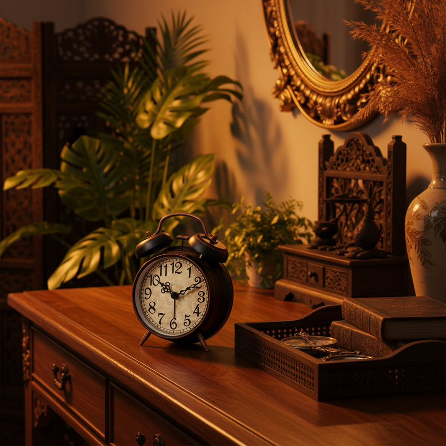Antique Copper Twin-Bell Alarm Clock — Super Loud | Silent Movement | Night Light