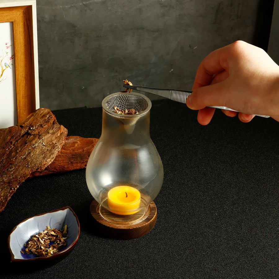 Glass Tea Light Holder with Wooden Base — Aromatherapy Incense Burner