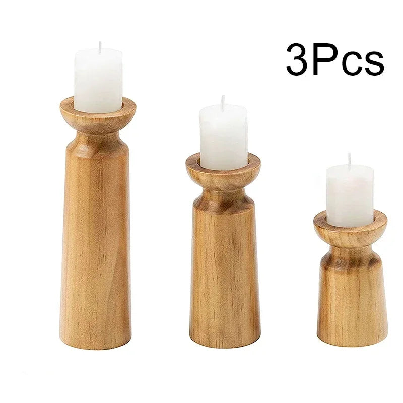 3-Piece Natural Wooden Candlestick Set — Retro | Wedding & Table Décor