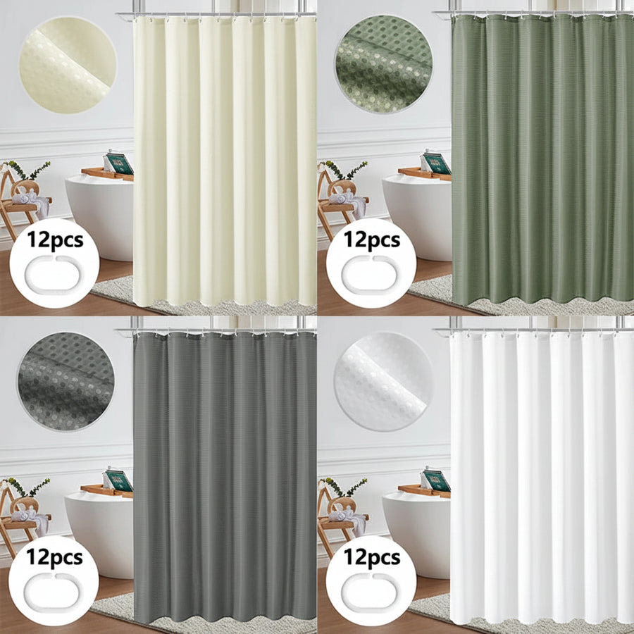 Waffle Texture Shower Curtain — Waterproof & Mildew-Proof | 4 Colours | 3 Sizes | 12 Hooks Included