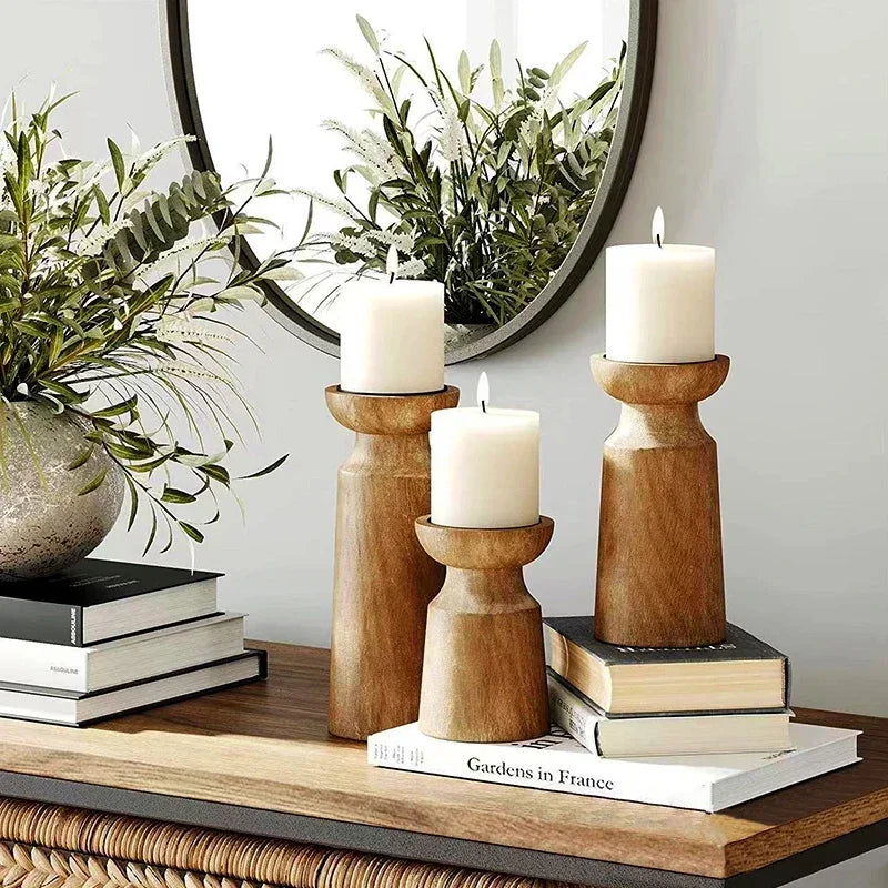 3-Piece Natural Wooden Candlestick Set — Retro | Wedding & Table Décor