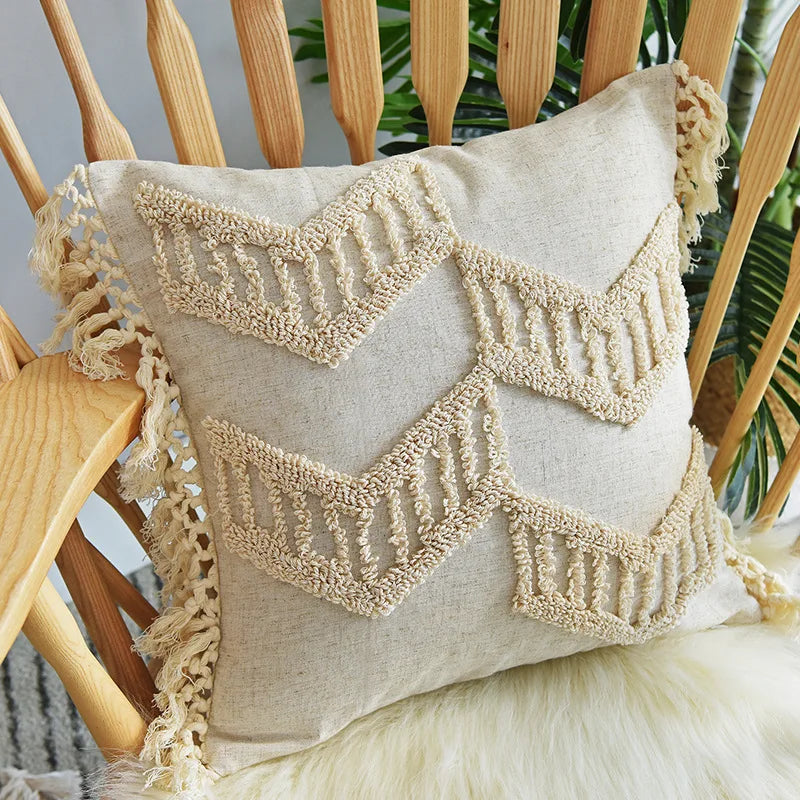 Boho Hand-Tufted Geometric Cushion Cover with Tassels — Cotton Linen | 8 Styles | 2 Sizes