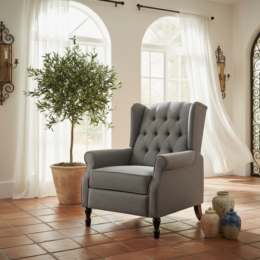 Recliner Armchair for Living Room Fabric Reclining Chair w/ Footrest Light Grey